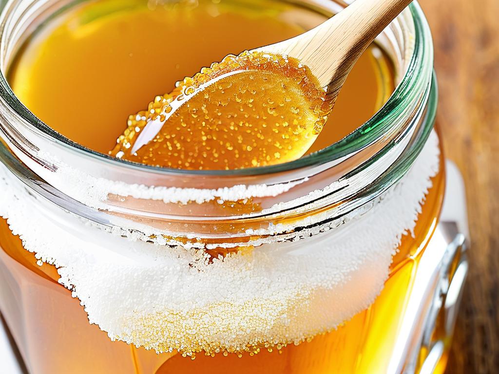Крупный план: закристаллизовавшийся мед в стеклянной банке