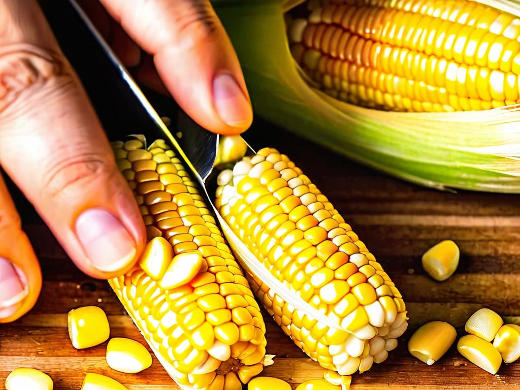 Крупный план срезания зерен кукурузы с початка острым ножом для консервирования