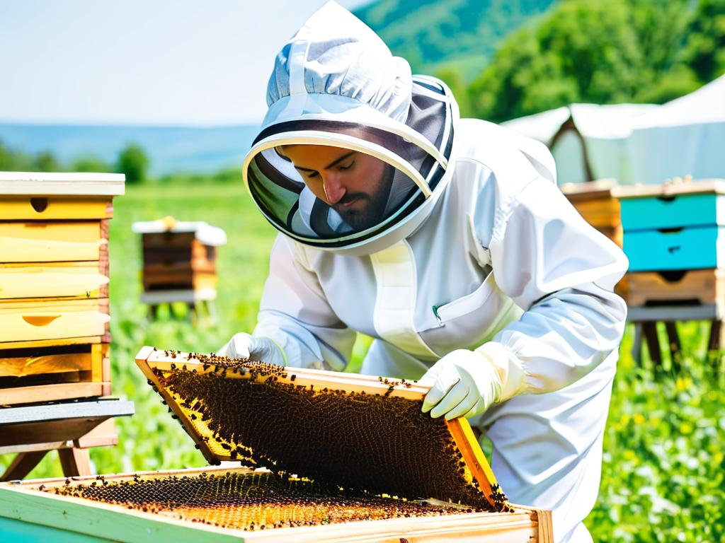 Пчеловод осматривает рамки с пчелами в улье