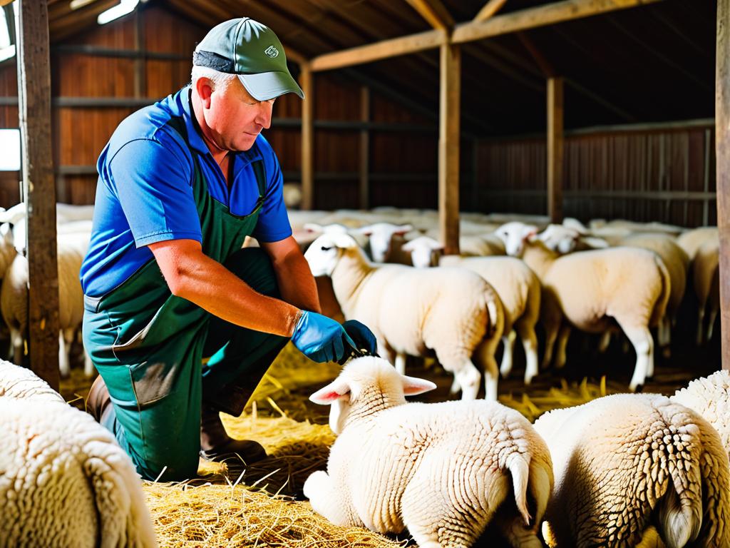 Фото: фермер осматривает овец и готовит их к предстоящей стрижке в овчарне