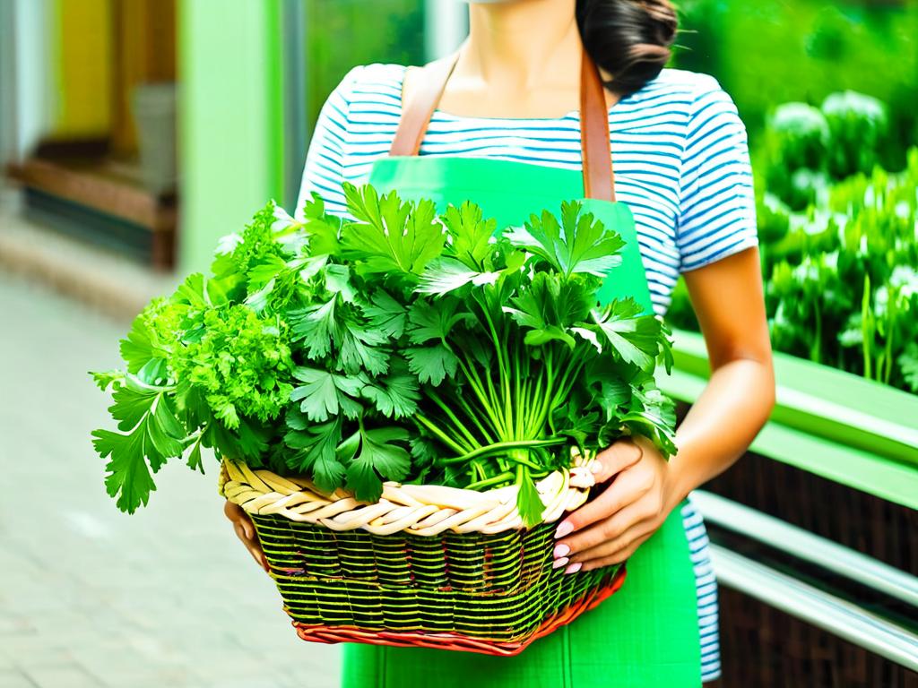 Женщина держит корзину свежей зелени петрушки и кинзы
