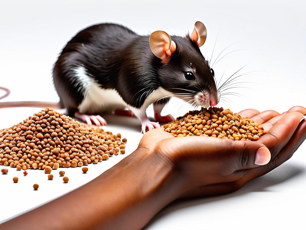 Крыса ест гречку с руки хозяина