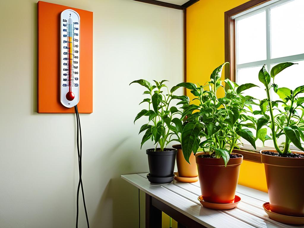 Растение перца в комнате с термометром, показывающим теплую температуру. Советы по созданию