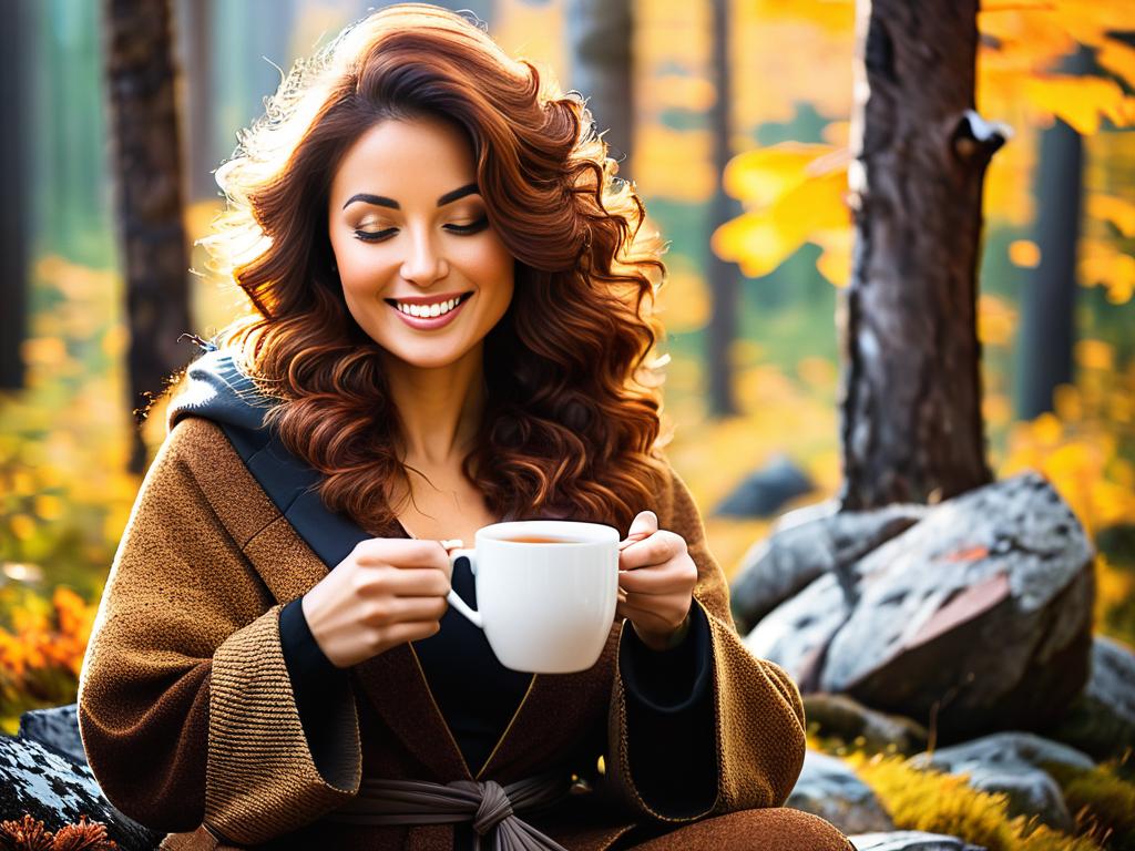 Женщина наслаждается чашкой свежезаваренного чагового чая, чувствуя себя здоровой и полной энергии