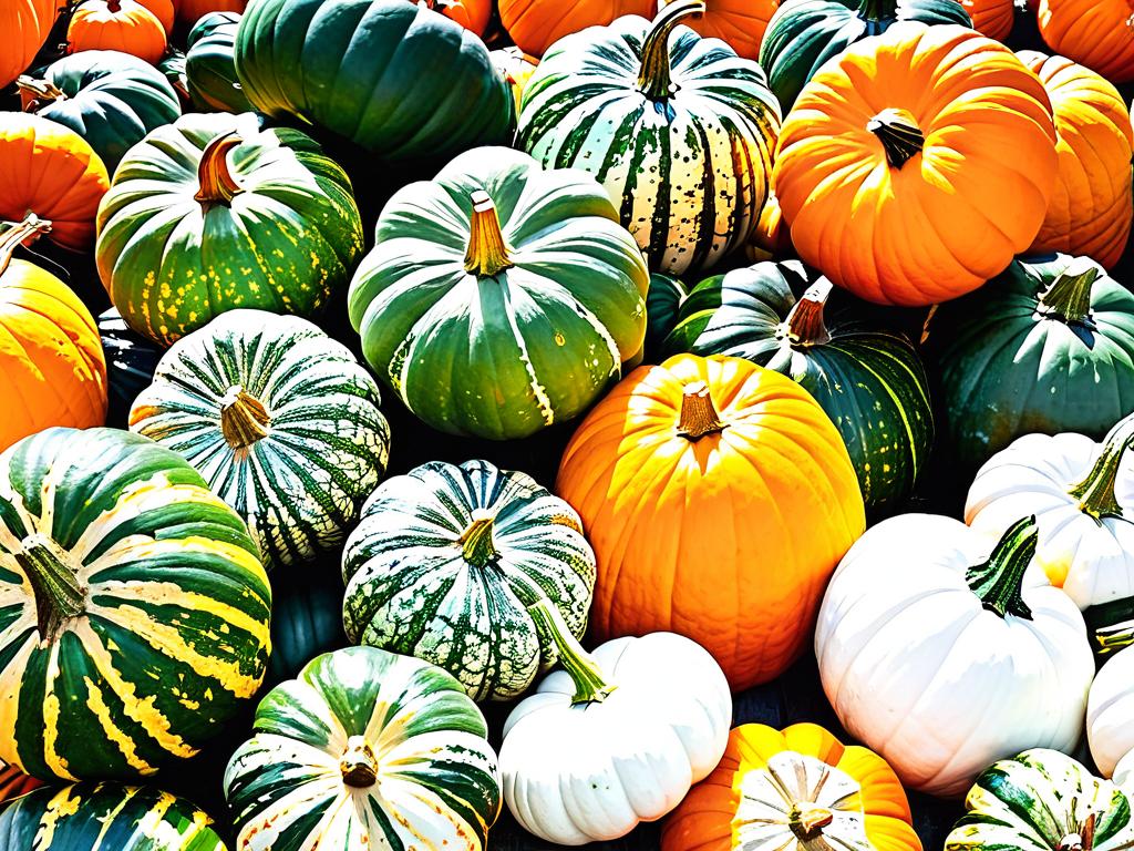 Фото с разными сортами тыкв на прилавке рынка - зеленые, оранжевые, белые, разной формы и размеров