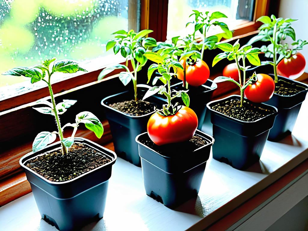 Фото рассады гномов томатных в небольших емкостях на светлом подоконнике