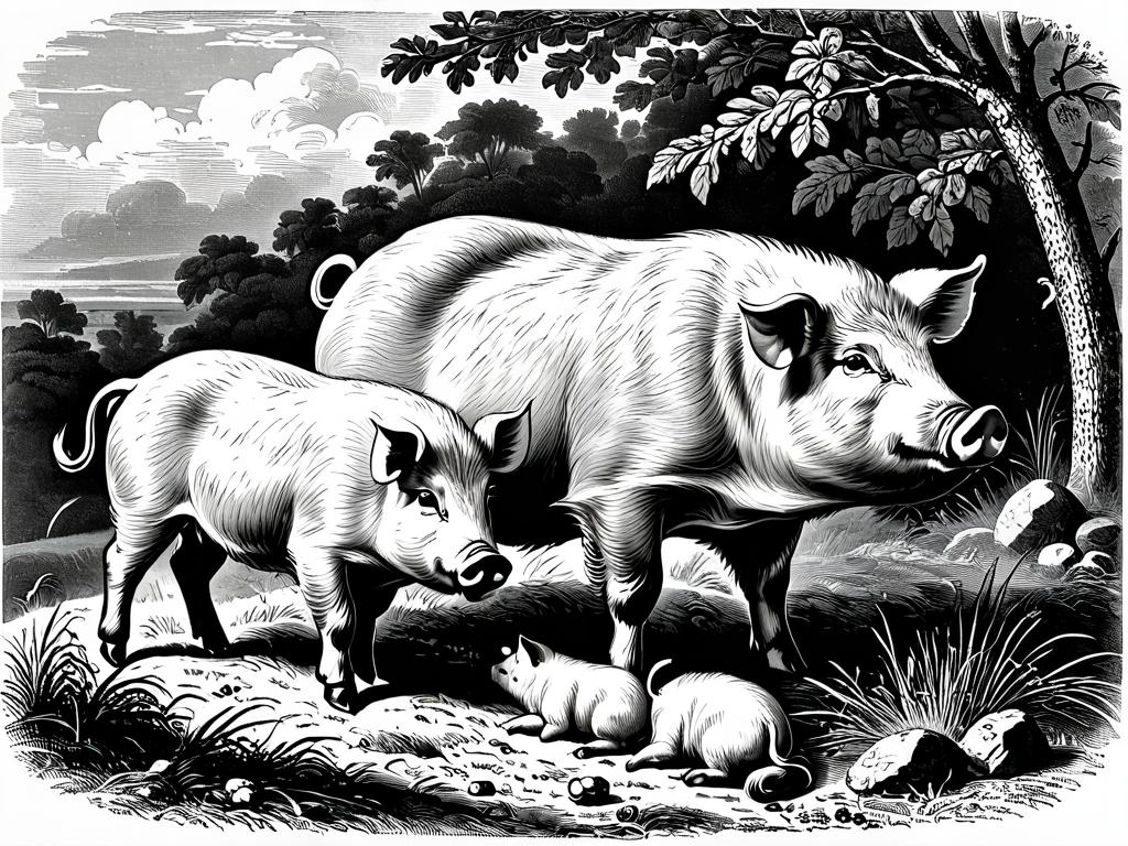Старая иллюстрация свиней породы мангалица 19 века