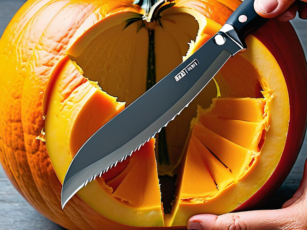 На фото ножом надрезают кожуру тыквы чтобы проверить цвет мякоти внутри на признаки спелости