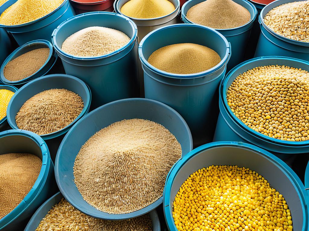 На фото представлены разные виды корма для кур-несушек, такие как кукуруза, пшеница, ячмень