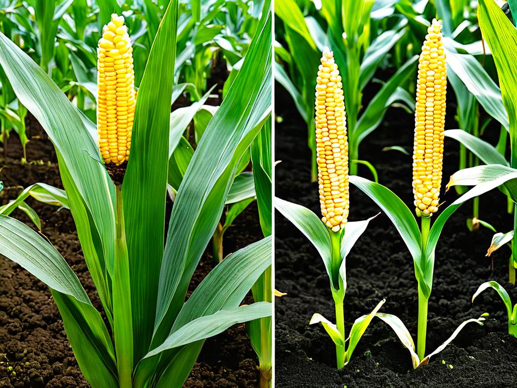 Сравнение растения теосинте (слева) и современного растения кукурузы (справа) демонстрирует их