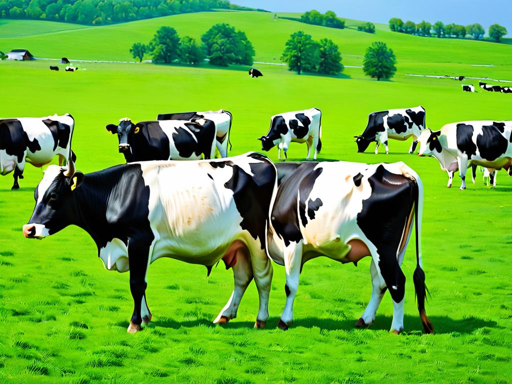 Коровы, пасущиеся на зеленом лугу, демонстрирующие важность сбалансированного кормления для