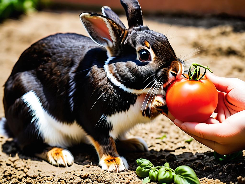 Кролик ест кусочек помидора из руки
