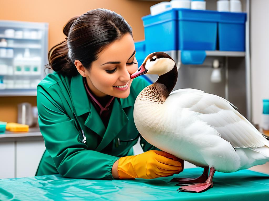 Ветеринар осматривает гуся