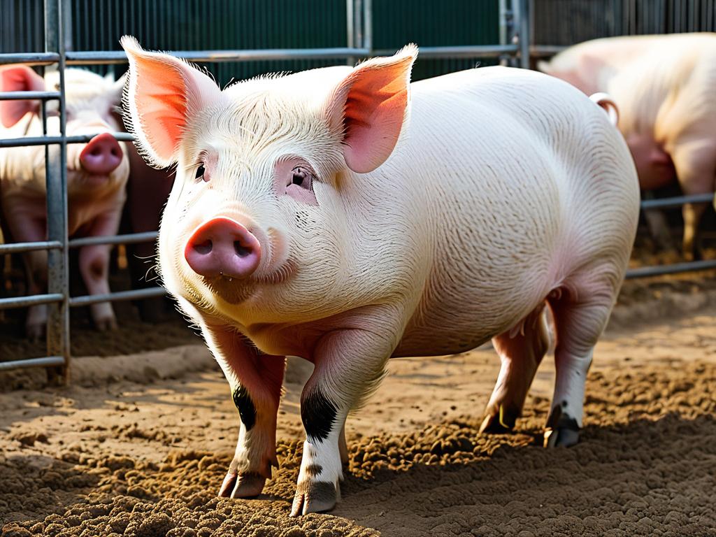 Крупная белая порода свиней стоит в загоне. Популярная мясная порода.
