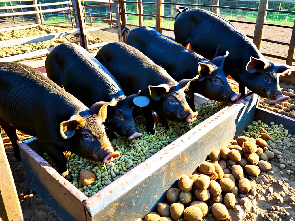 Свиньи едят из корыта в загоне. Правильное питание важно.