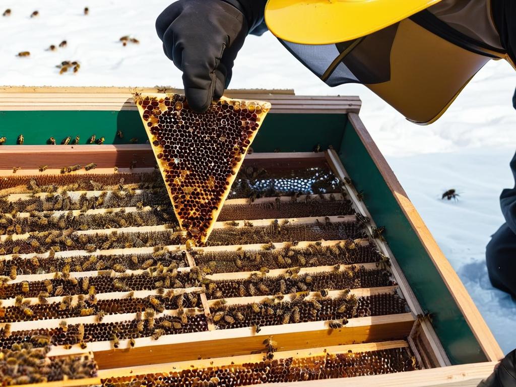 Пчеловод осматривает рамки в улье при подготовке к зиме
