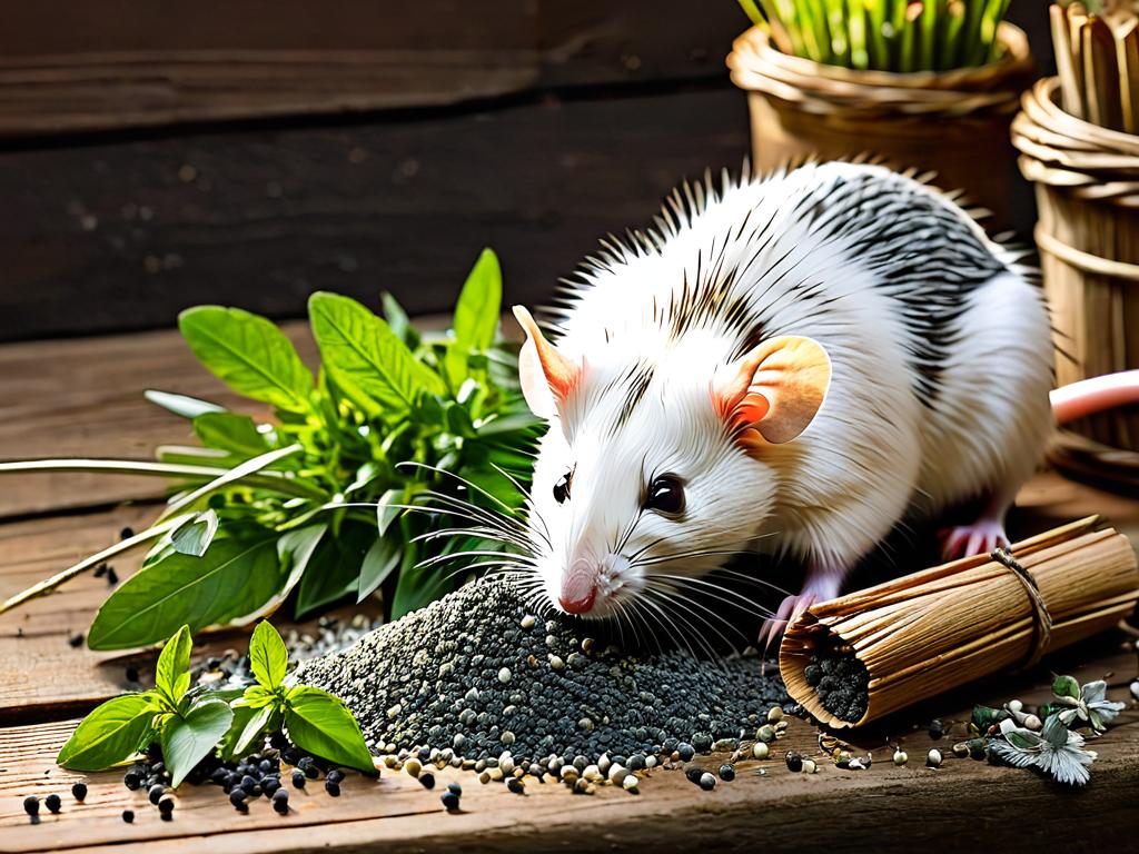 На деревянном столе разложены натуральные средства для борьбы с крысами: шелуха, травы, деревянные