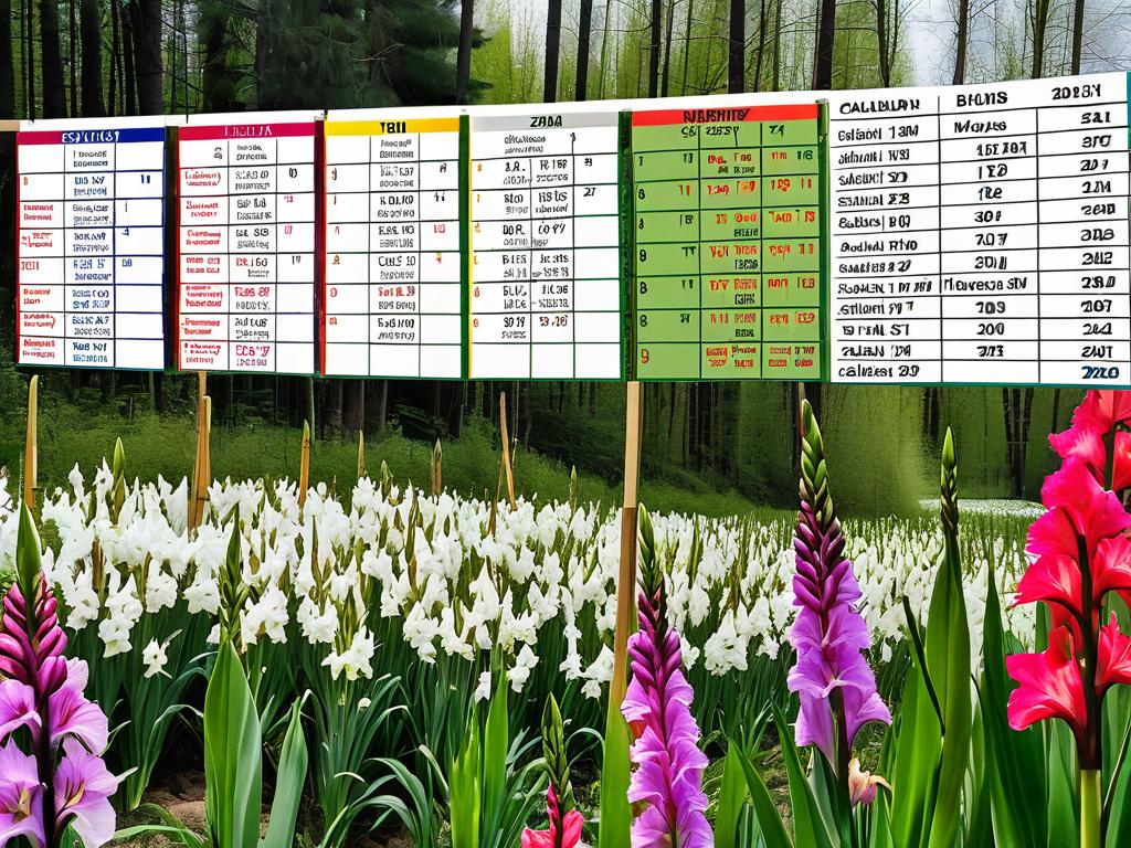 Фото календаря с выделенными датами уборки луковиц гладиолусов для разных климатических зон России.