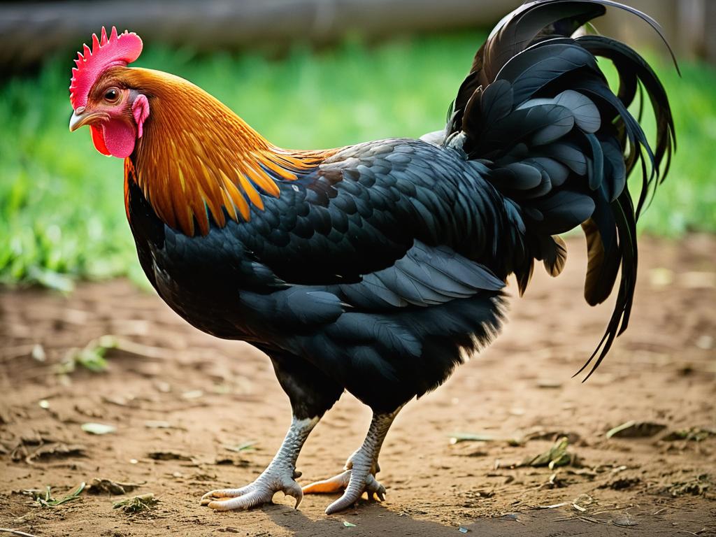 Курица стоит на одной ноге, приподняв другую, и это указывает на хромоту