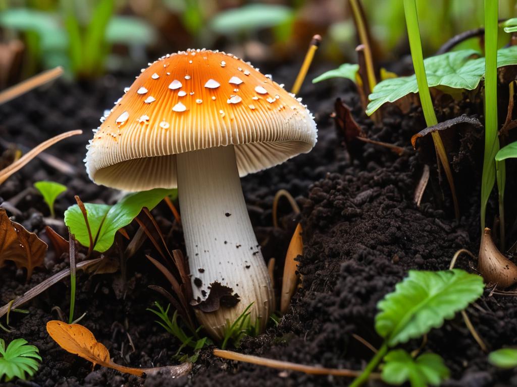 Крупный план ядовитого гриба, вырастающего из почвы. Описание на русском более 5 слов.