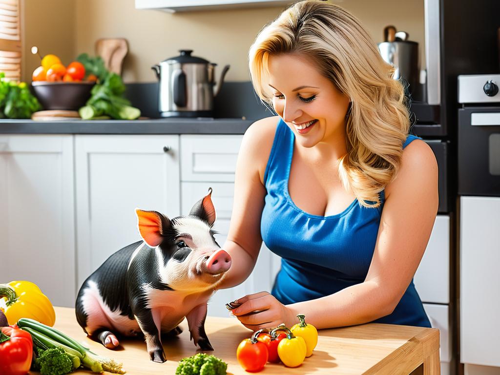 Женщина кормит овощами из рук счастливую миниатюрную свинку на кухне. Свинка воспитанно сидит в