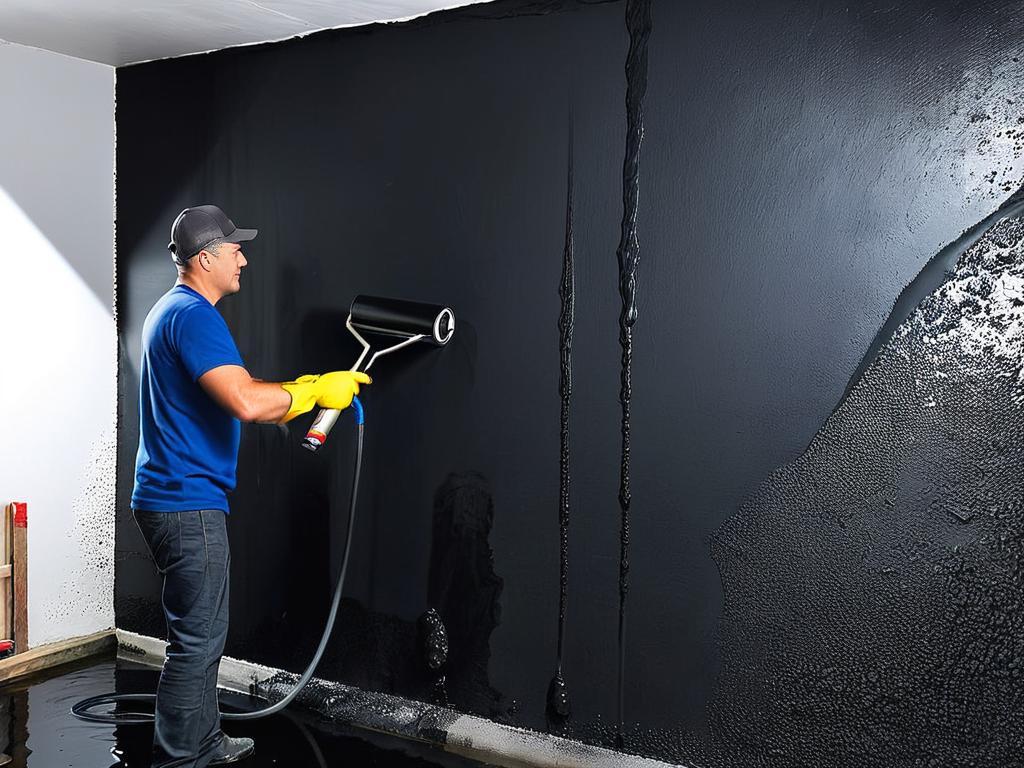 Мужчина наносит черную гидроизоляционную краску на бетонную стену подвала с помощью валика