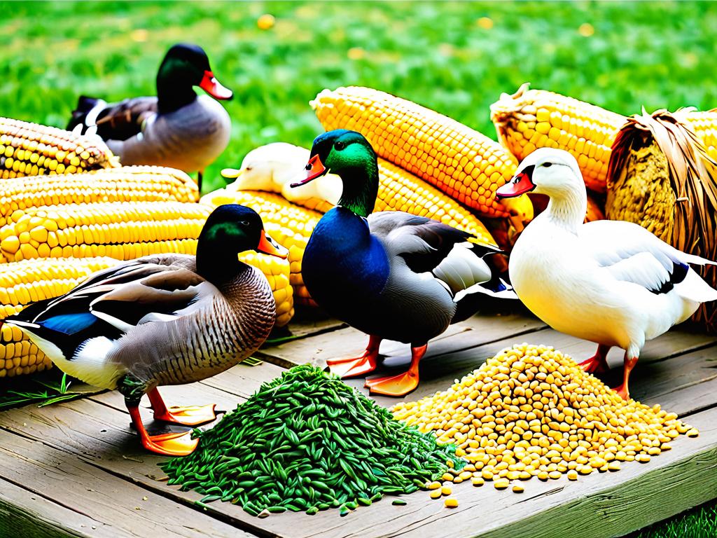 Разнообразный корм для уток: кукуруза, пшеница, зелень