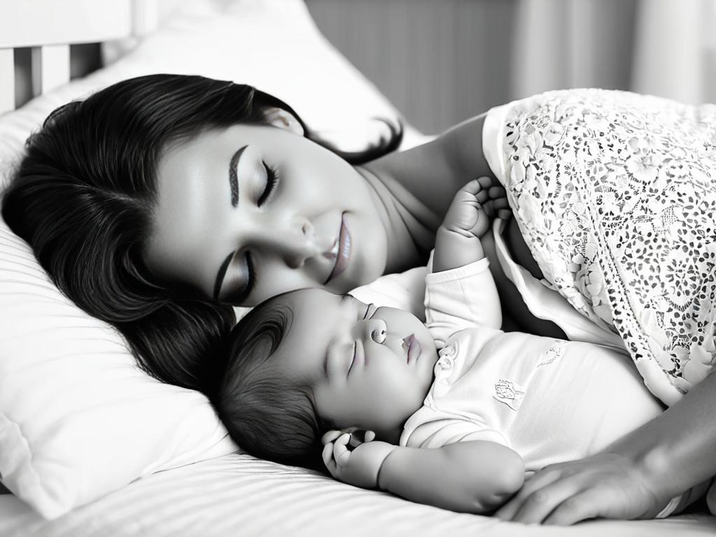 Мама, спящая в одной постели со своим новорожденным ребенком.