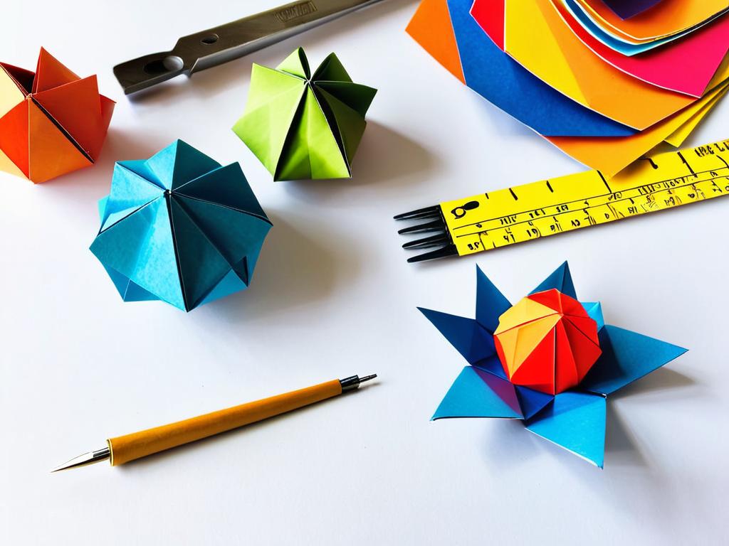 Различные инструменты и листы бумаги для оригами, необходимые для изготовления модульных шаров