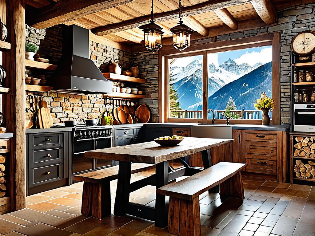 Фото кухни шале с массивным деревянным столом, столешницей из камня и кирпичной стеной