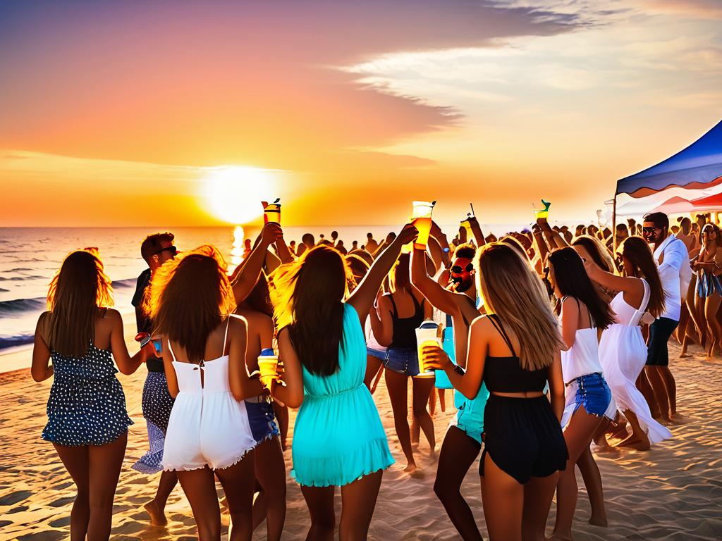 Веселые молодые люди танцуют на вечеринке на пляже Лидо ди Езоло. Люди танцуют, держат напитки и