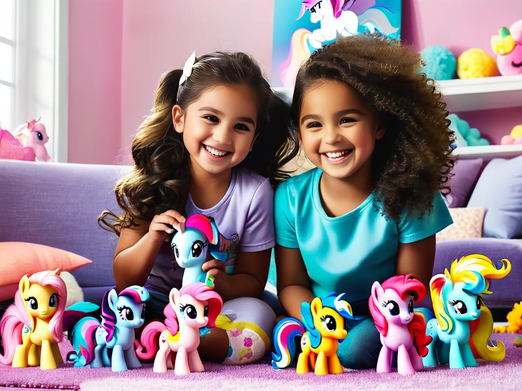Девочки играют с новыми куклами My Little Pony, улыбаются и веселятся вместе