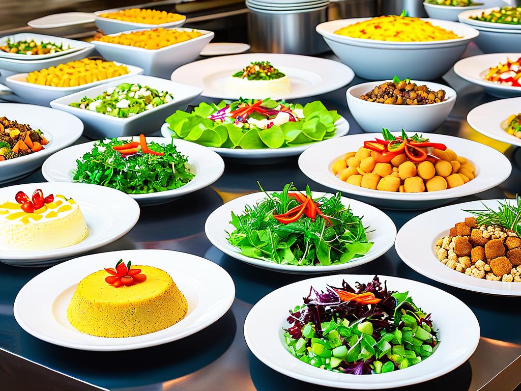 Разнообразные блюда приготовлены на кухне готовы к подаче в зал ресторана