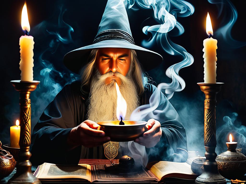 Древний ритуал с дымом и свечами, волшебник вызывает призрака