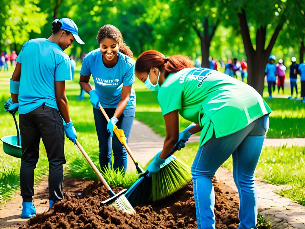 Волонтеры работают сообща, помогая убирать городской парк. Описание по-русски.