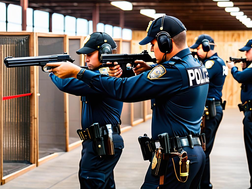 Полицейские в форме тренируются в стрельбе на полигоне