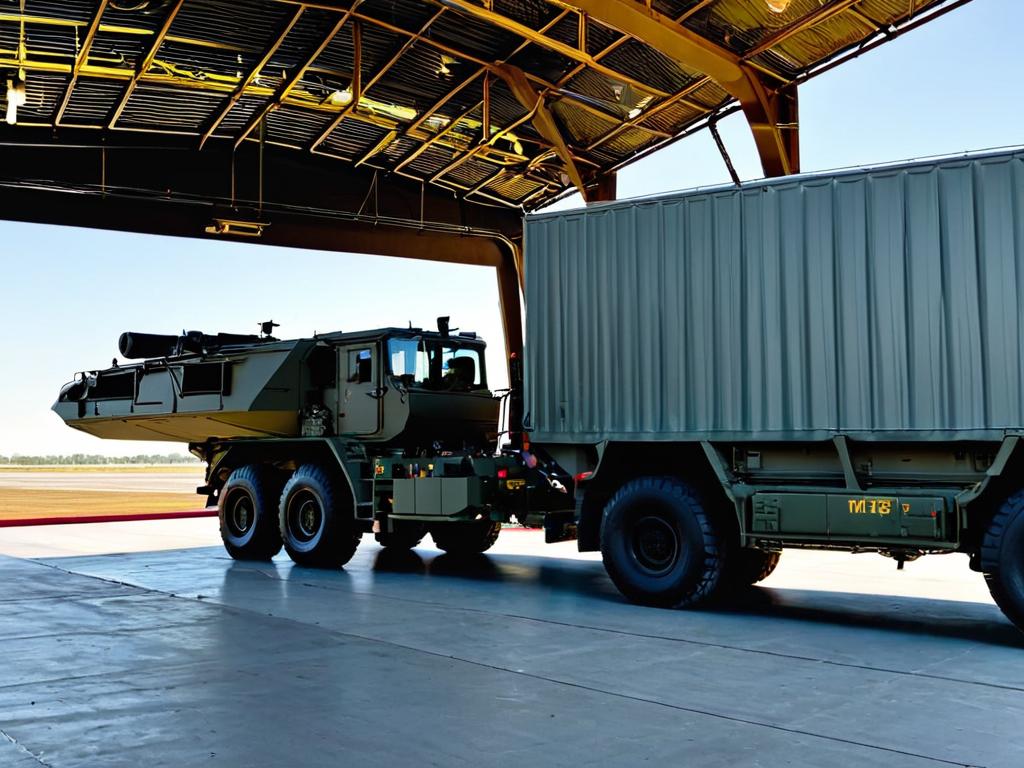 Погрузка военной техники на транспортный грузовик