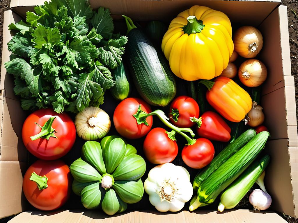 Вид сверху на разнообразные свежие органические овощи, выращенные на ферме для продажи на