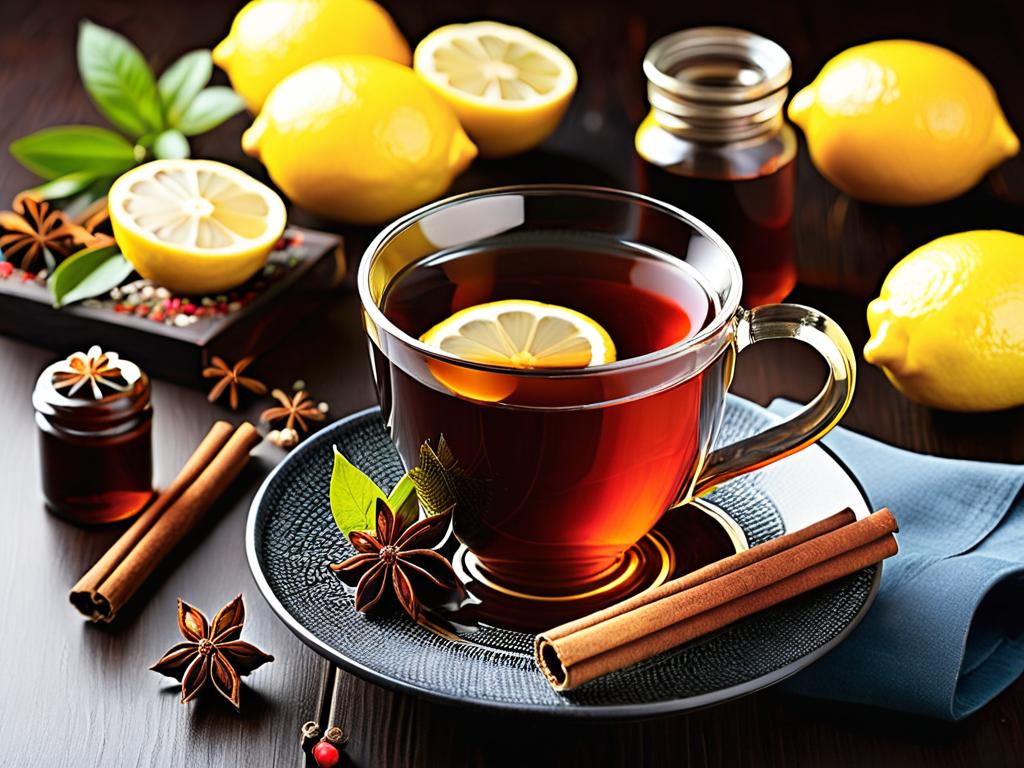 Горячий травяной чай с медом, лимоном и специями