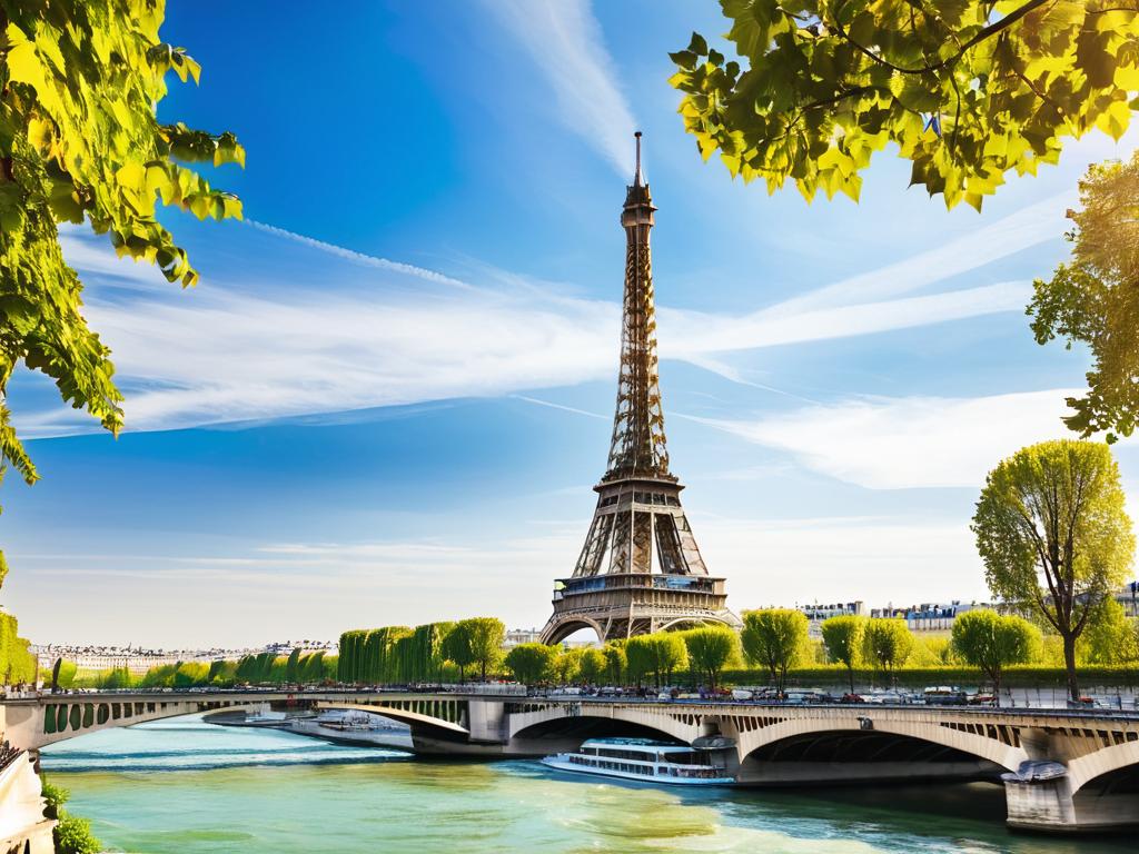 Вид на Эйфель башню и Сену в Париже