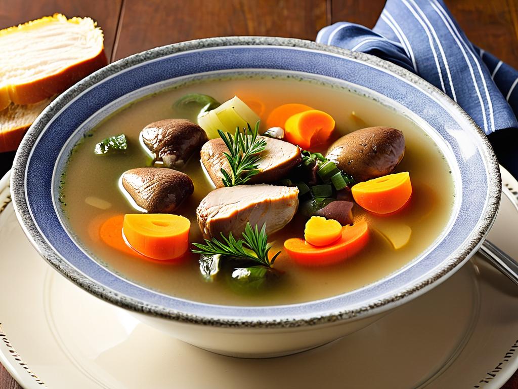 Миска супа с овощами и куриными сердечками в бульоне