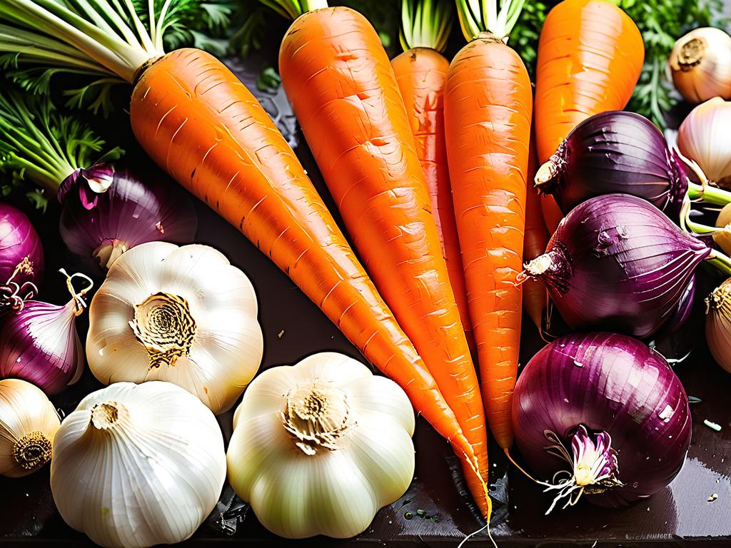 Экологически чистые овощи для тушения кролика - морковь, лук, чеснок