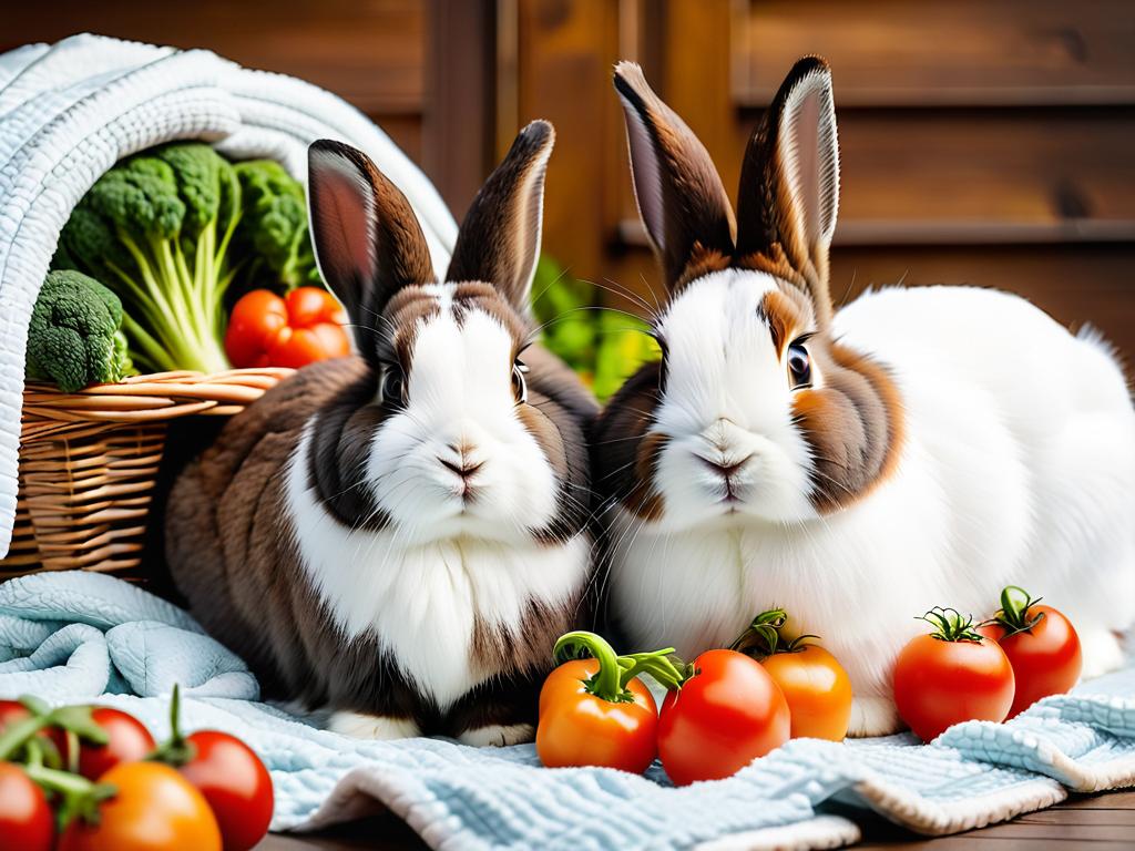 Коричневый и белый пушистые кролики отдыхают на одеяле рядом с корзиной овощей
