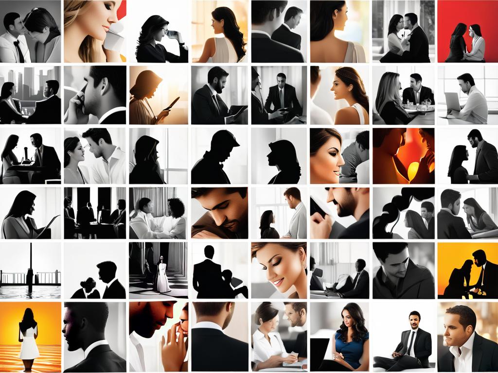 Коллаж фотографий, изображающий различные факторы, которые влияют на выбор партнера в отношениях,