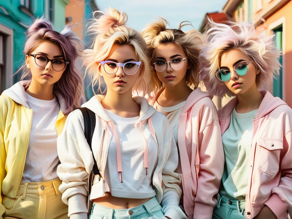 Группа девушек-подростков в пастельной одежде, очках, с небрежными прическами - в типичном стиле
