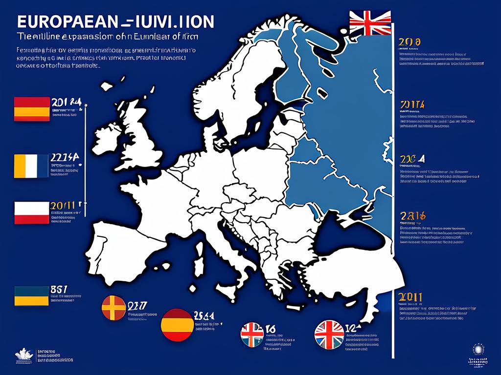 Лента времени, показывающая расширение Евросоюза с 6 стран-учредителей до 27 нынешних членов за