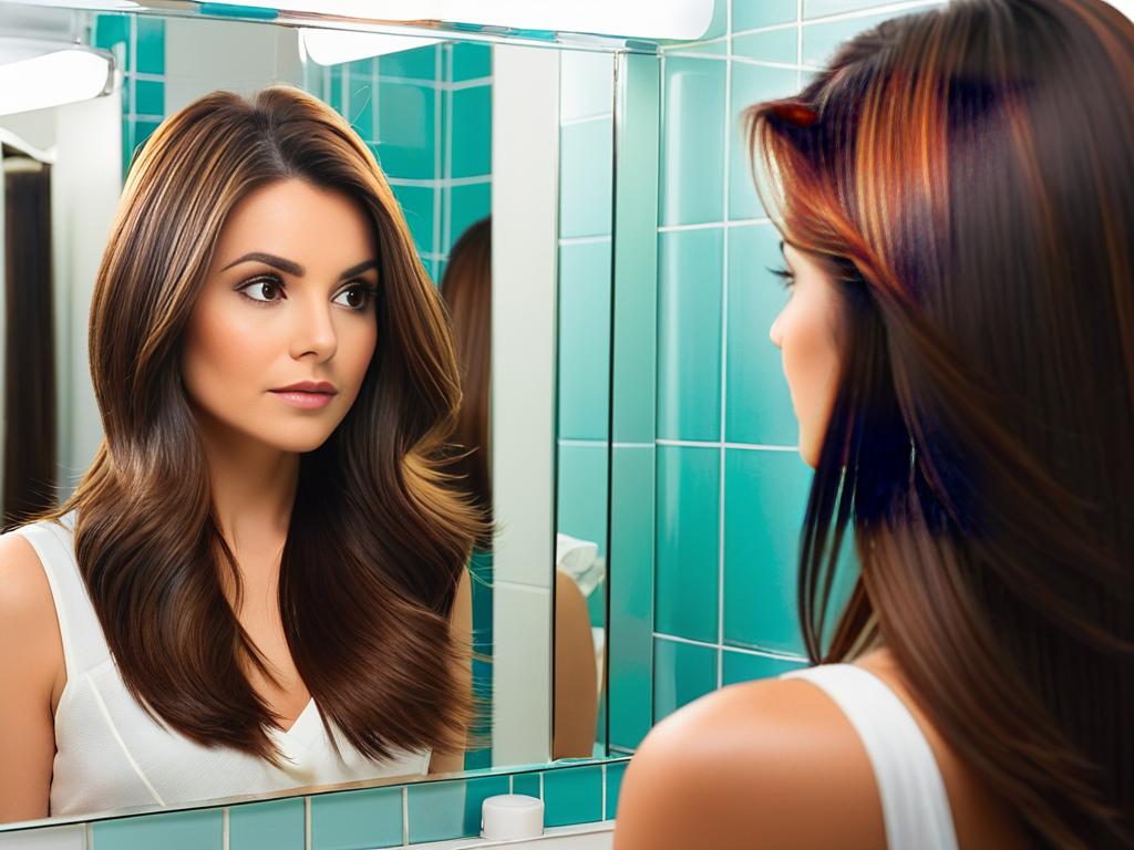 Фото девушки со средне-русыми волосами, которая рассматривает пряди в зеркале, замечая следы
