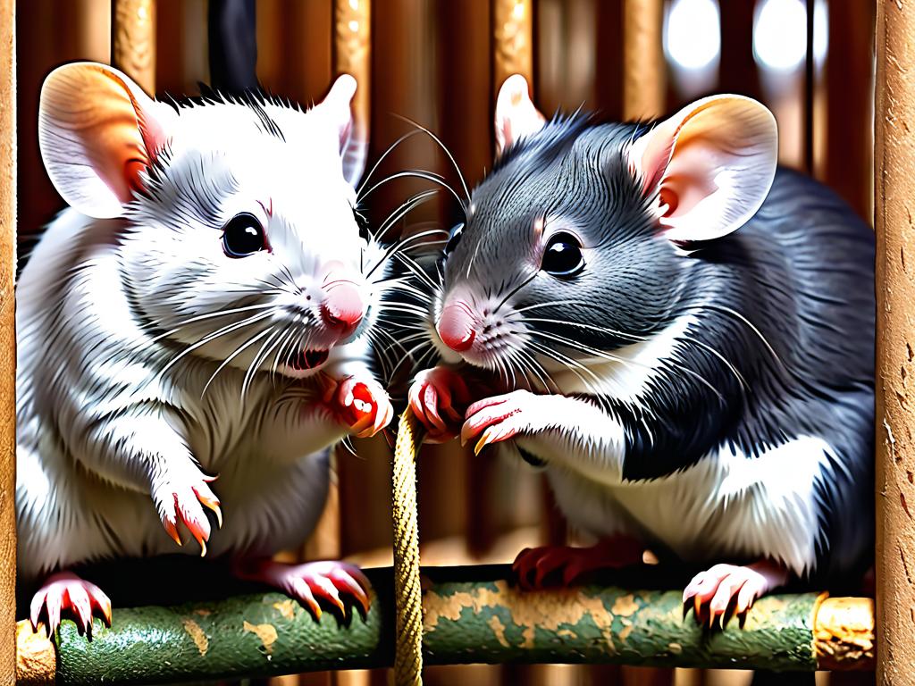Крысы Дамбо разного окраса играют вместе в клетке