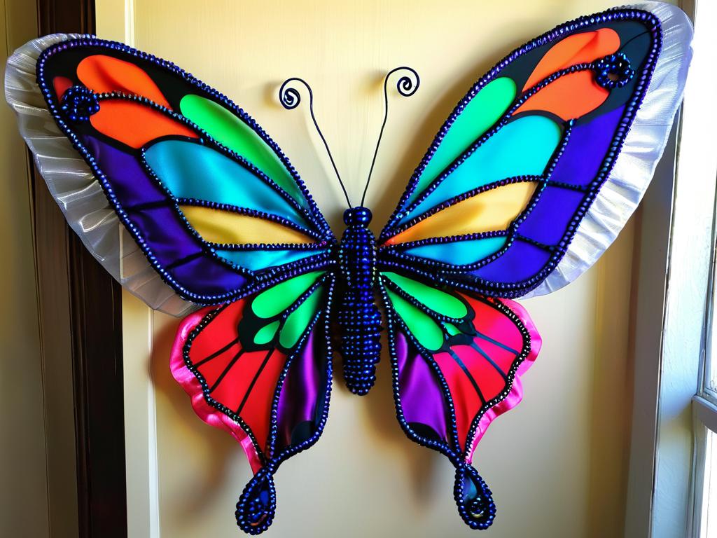 Крылья для костюма бабочки из проволочного каркаса, обтянутые колготками и украшенные лентами и