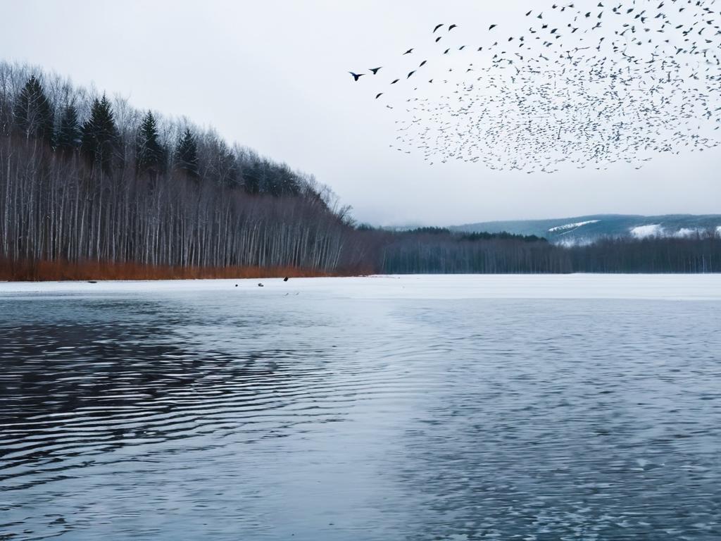 Стая птиц ищет корм над озером в лесу зимой